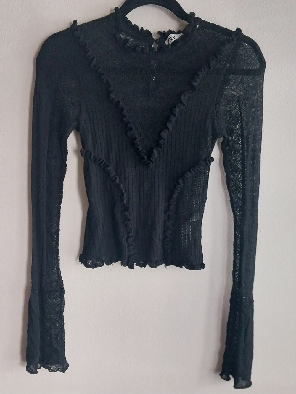 Zara Black Sheer Lace Pointelle Knit Ruffle Trim Long Bell Sleeve Top NWOT